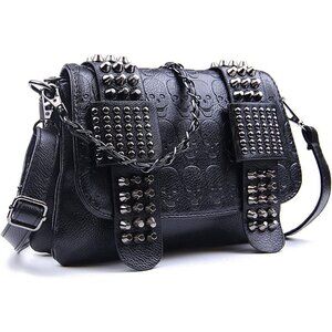Black Leather Skull Crossbody Bag Chain Gothic Shoulder Biker Rocker Studded NWT